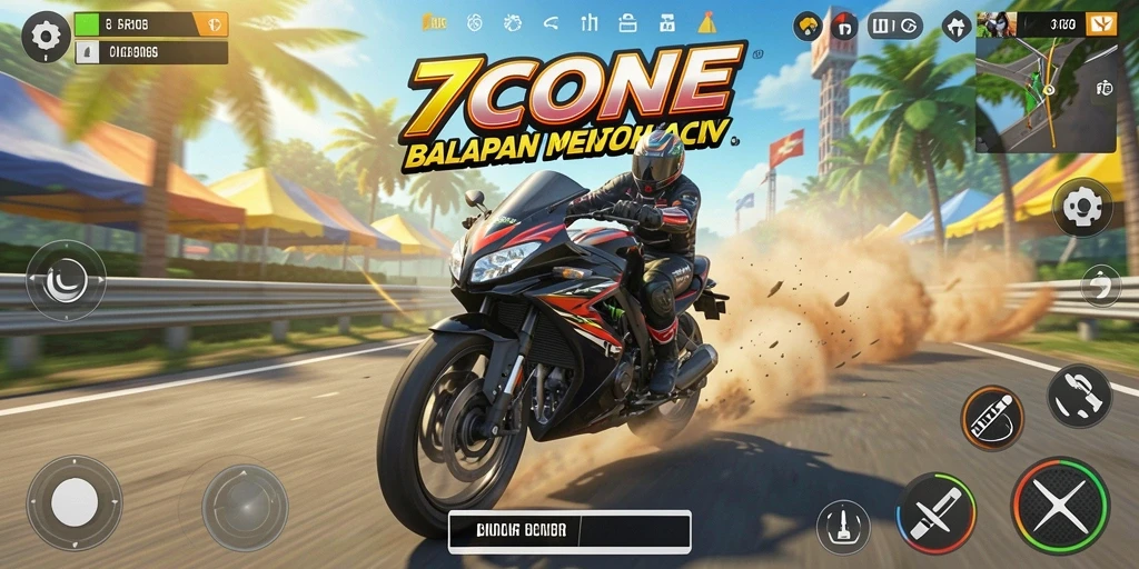 Tampilan gameplay 7CONE dengan balapan motor yang seru.