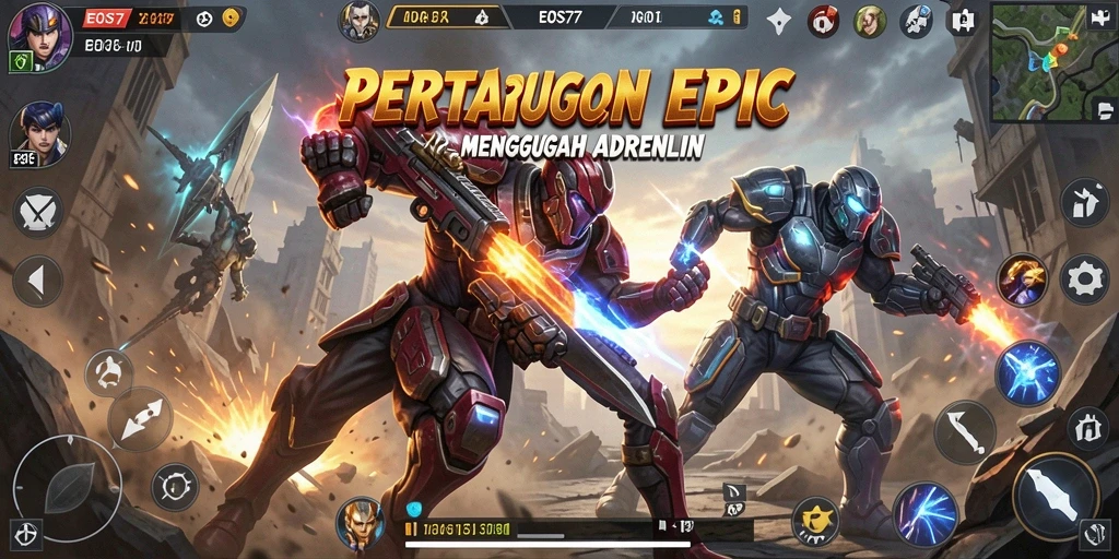 Tampilan gameplay EOS77 dengan aksi bertarung yang mendebarkan.
