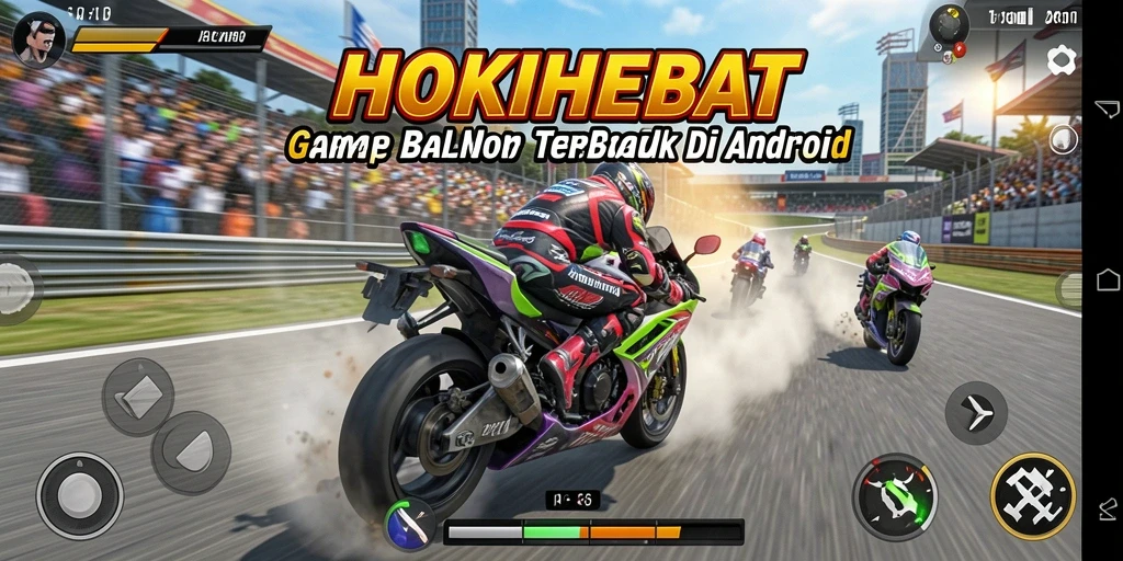 Screenshot gameplay HOKIHEBAT dengan balapan seru dan motor cepat.