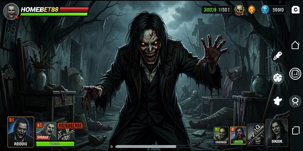Screenshot gameplay HOMEBET88 dengan suasana horor yang mencekam.