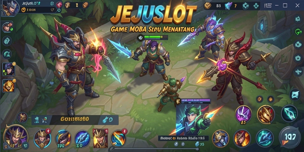 Screenshot gameplay JEJUSLOT menampilkan pertempuran seru antar karakter MOBA.