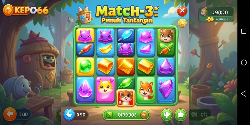 Tampilan gameplay Match-3 KEPO66 dengan kombinasi elemen yang cerah dan menantang.