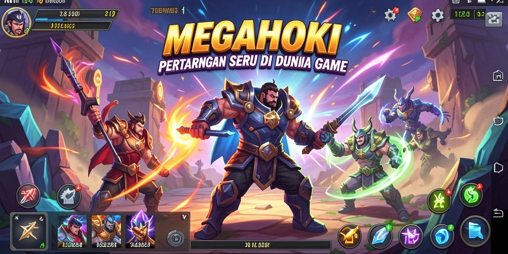Screenshot gameplay MEGAHOKI menampilkan pertarungan epik antar karakter.